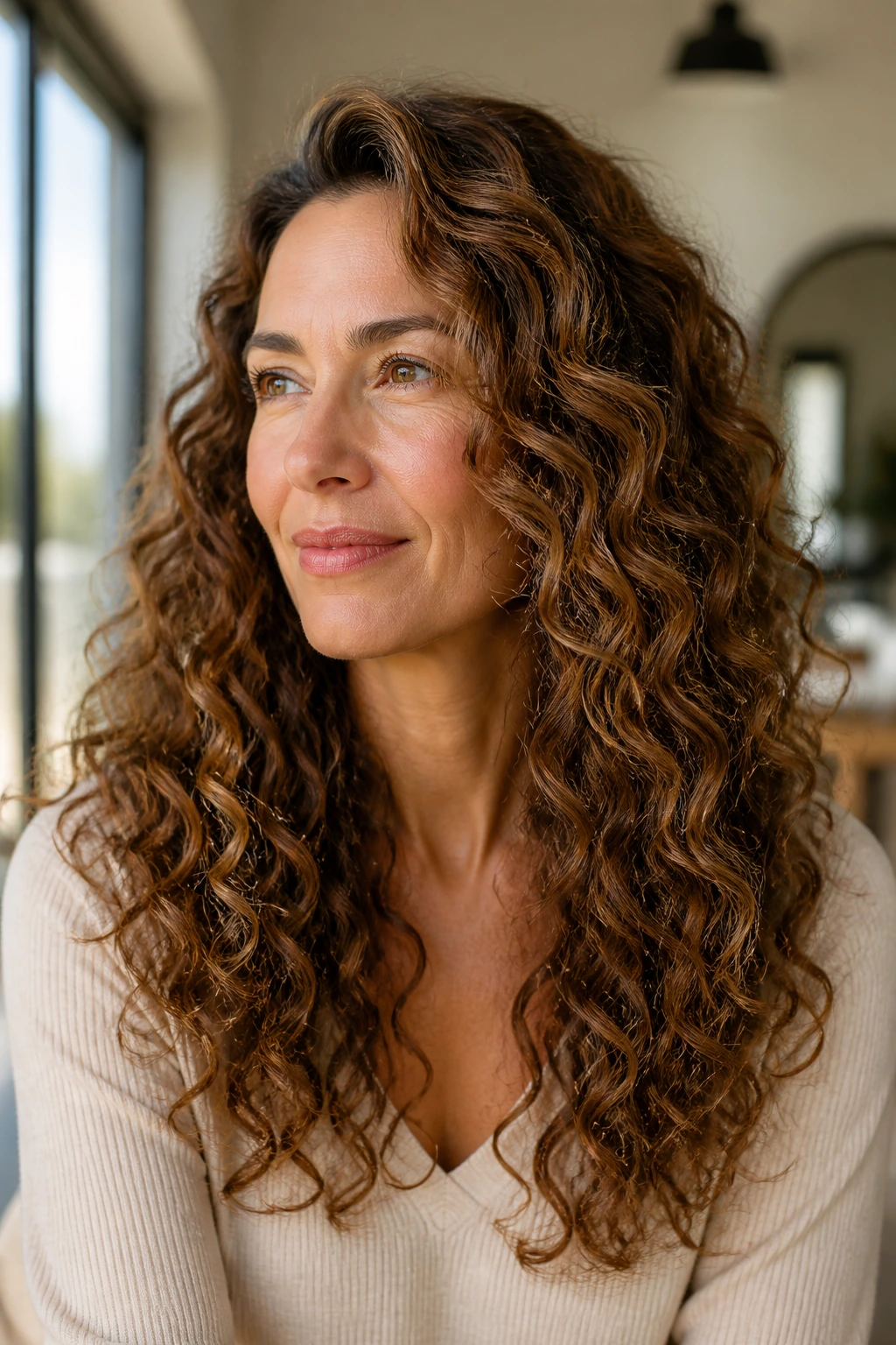 Close-up of a real woman with defined long curls in natural window light