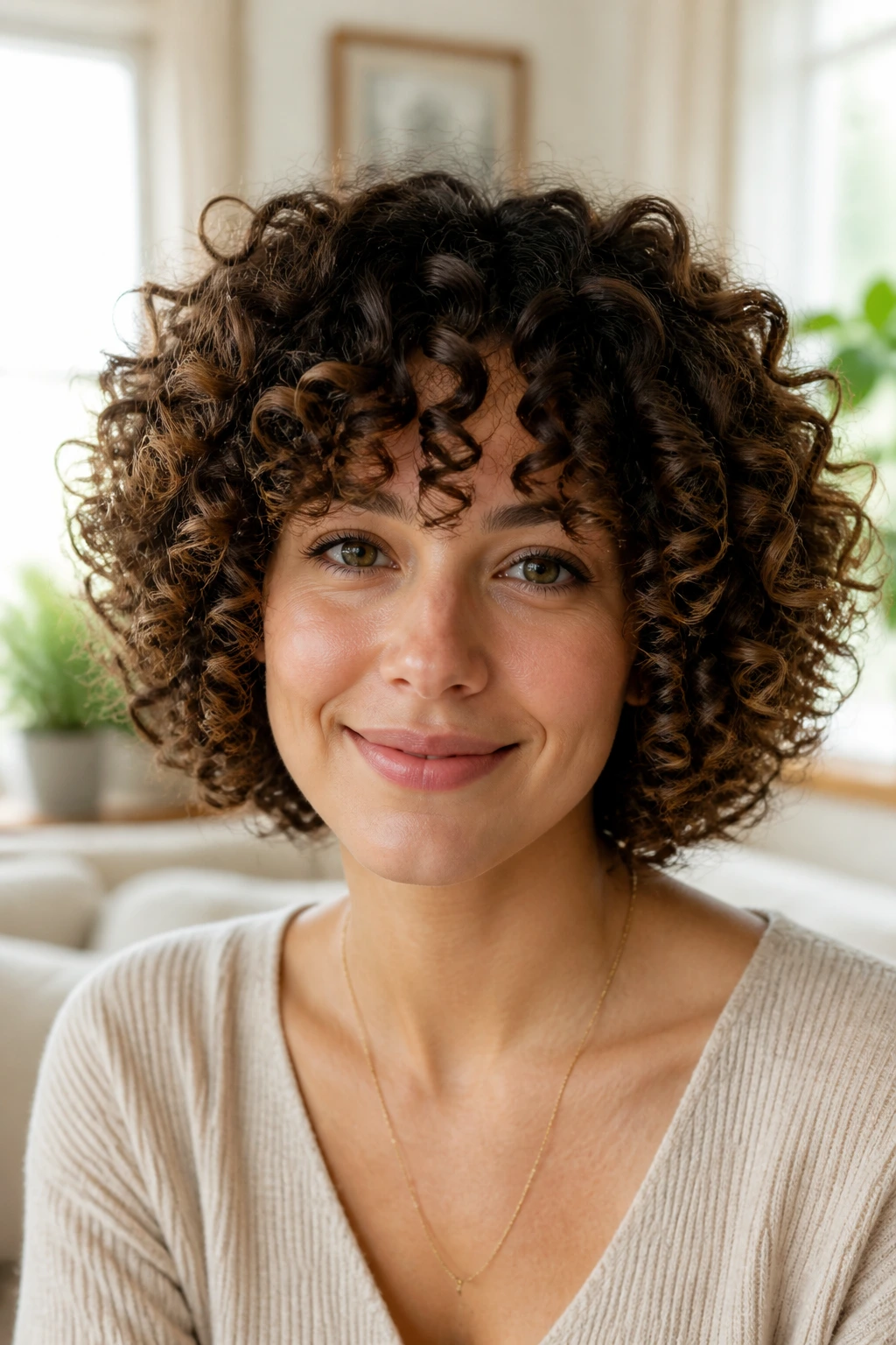 Close-up of a woman with defined curls forming a rounded halo.