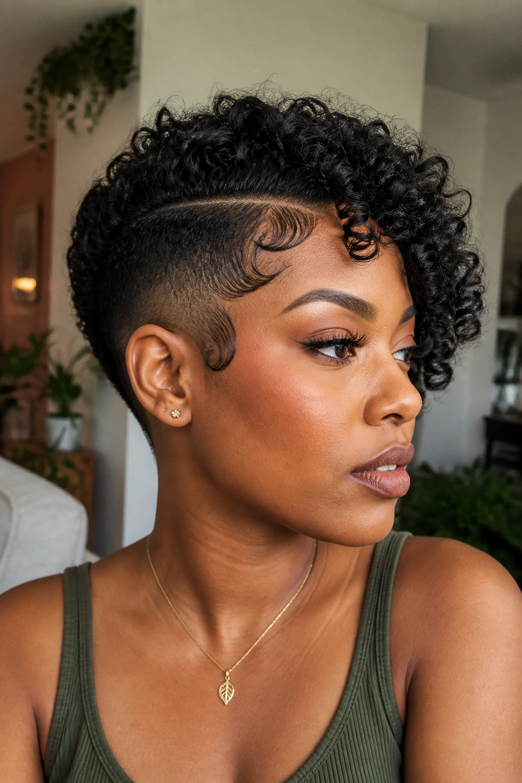 Close-up of a real woman with defined curls and sculpted edges