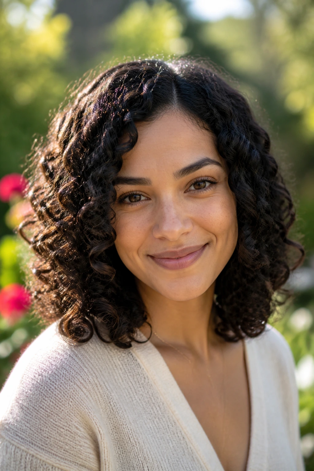 Close-up of a real woman with defined shoulder-length curls framing the face