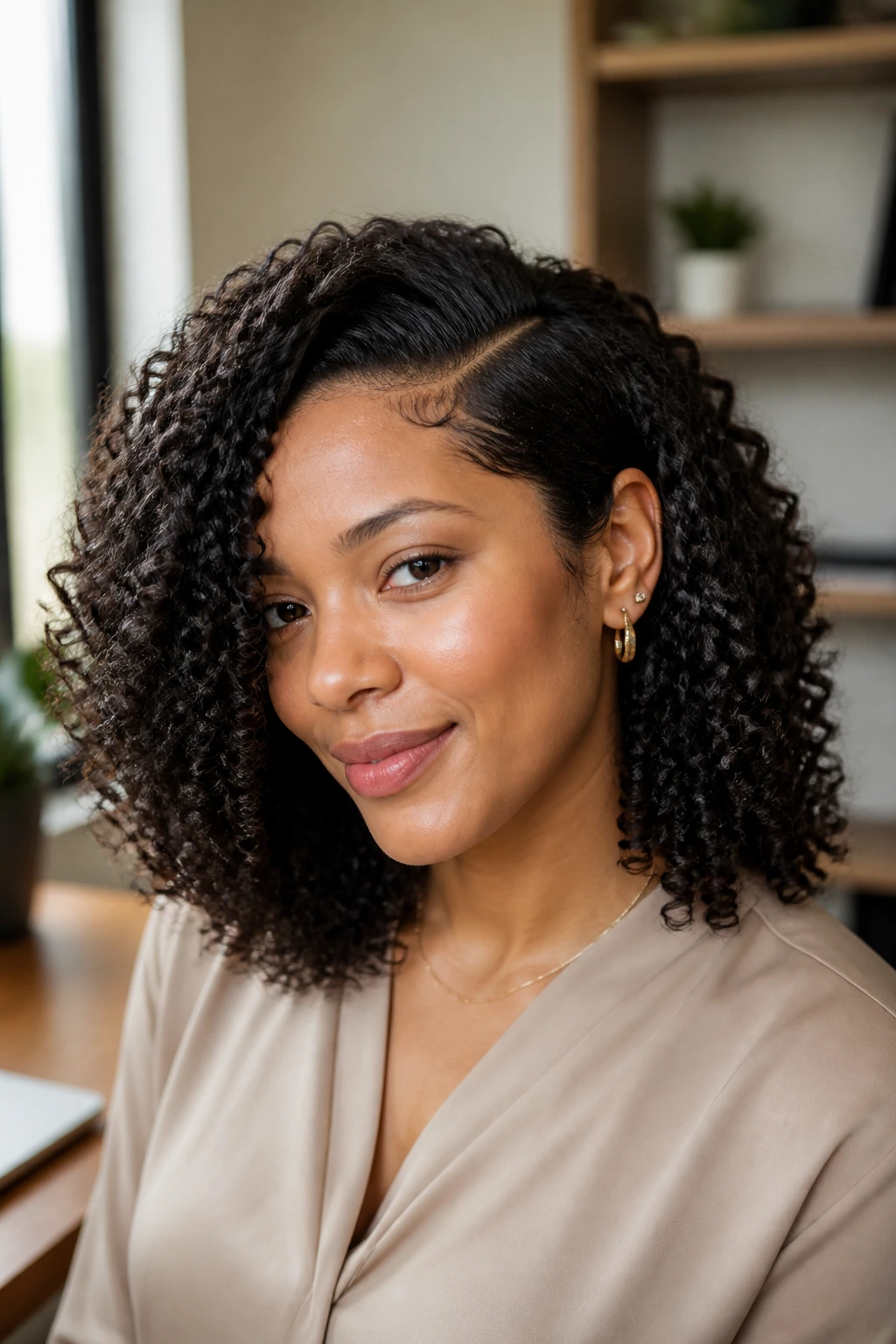 Close-up of a real woman with defined natural curls and a side part