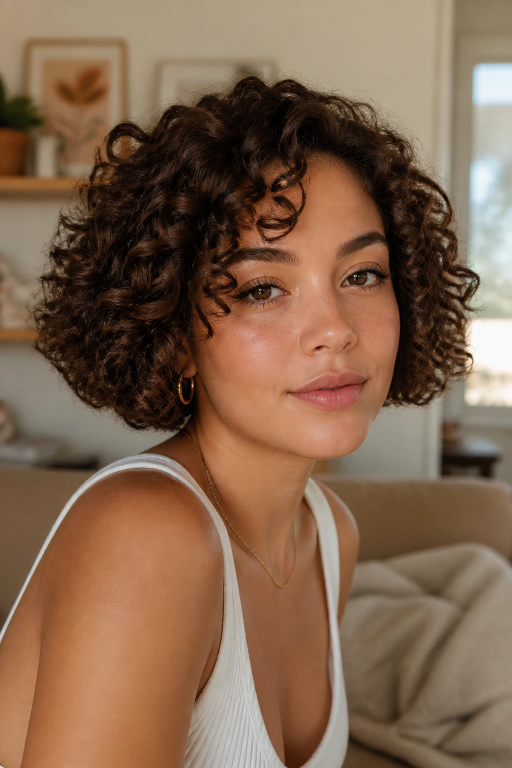 Close-up of a woman with defined curly bob under warm ambient light