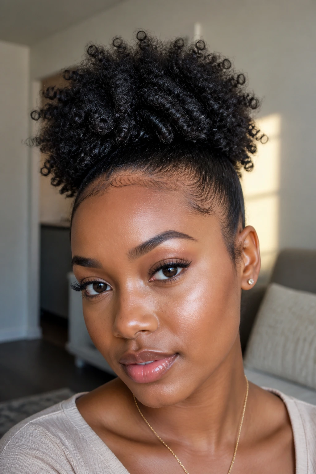 Close-up of a woman with a defined curly puff hairstyle.