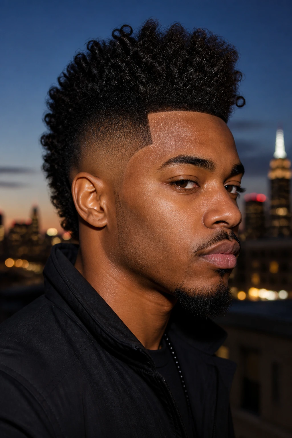 Close-up portrait of a real person with defined-edge frohawk on a rooftop at dusk