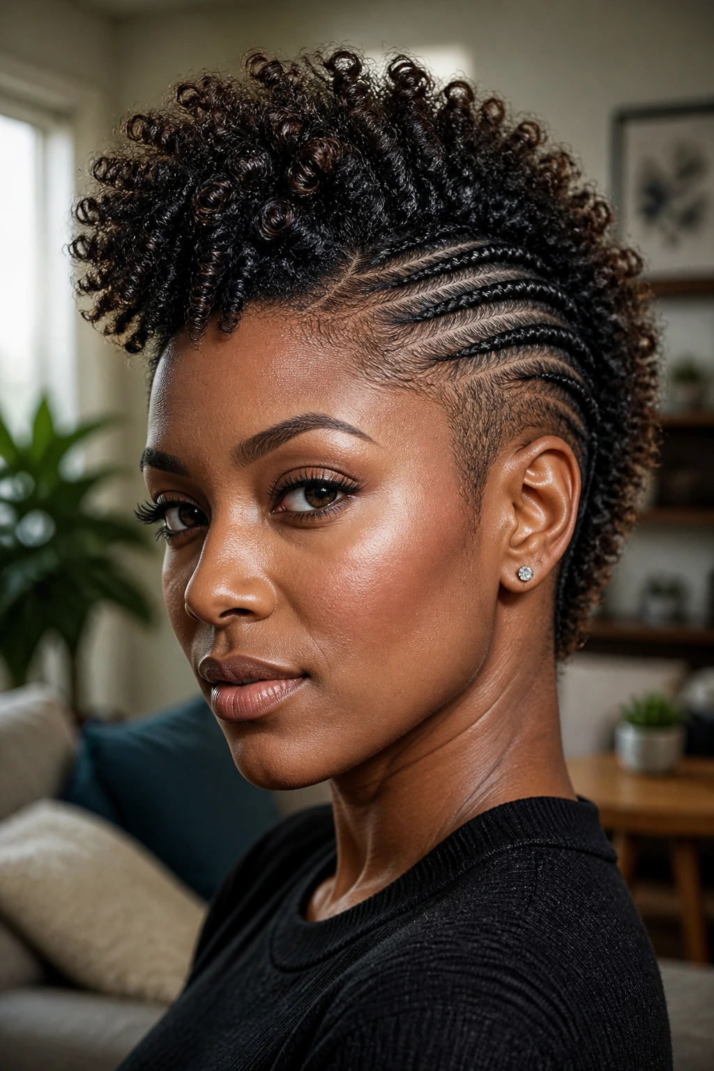 Close-up of a real person with a frohawk and defined ends on short natural hair
