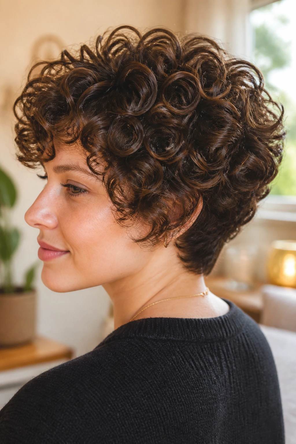 Portrait of a person with a crisp, defined stacked curly line