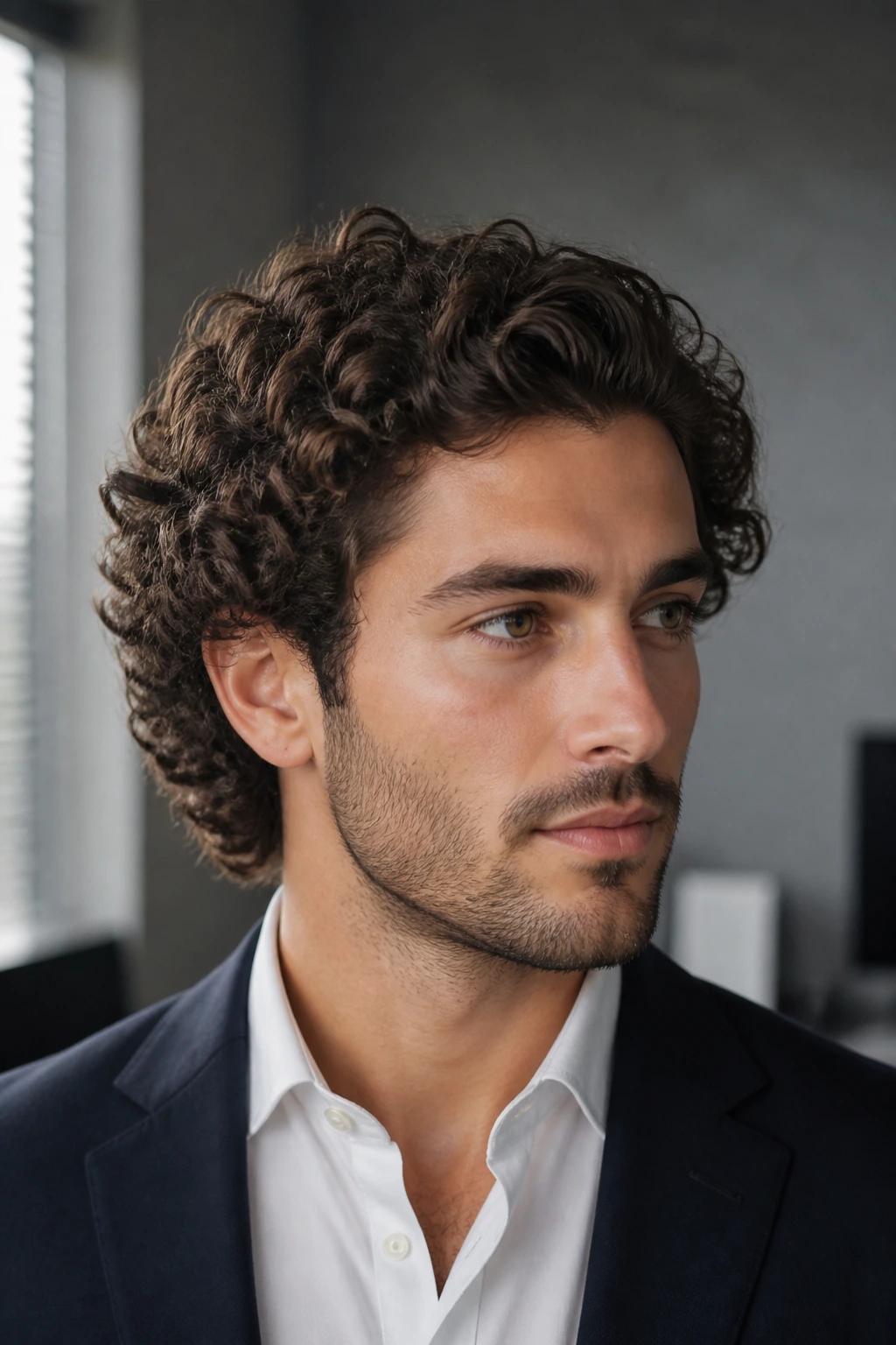 Close-up of a man with defined natural curls and a clean outline in an office setting