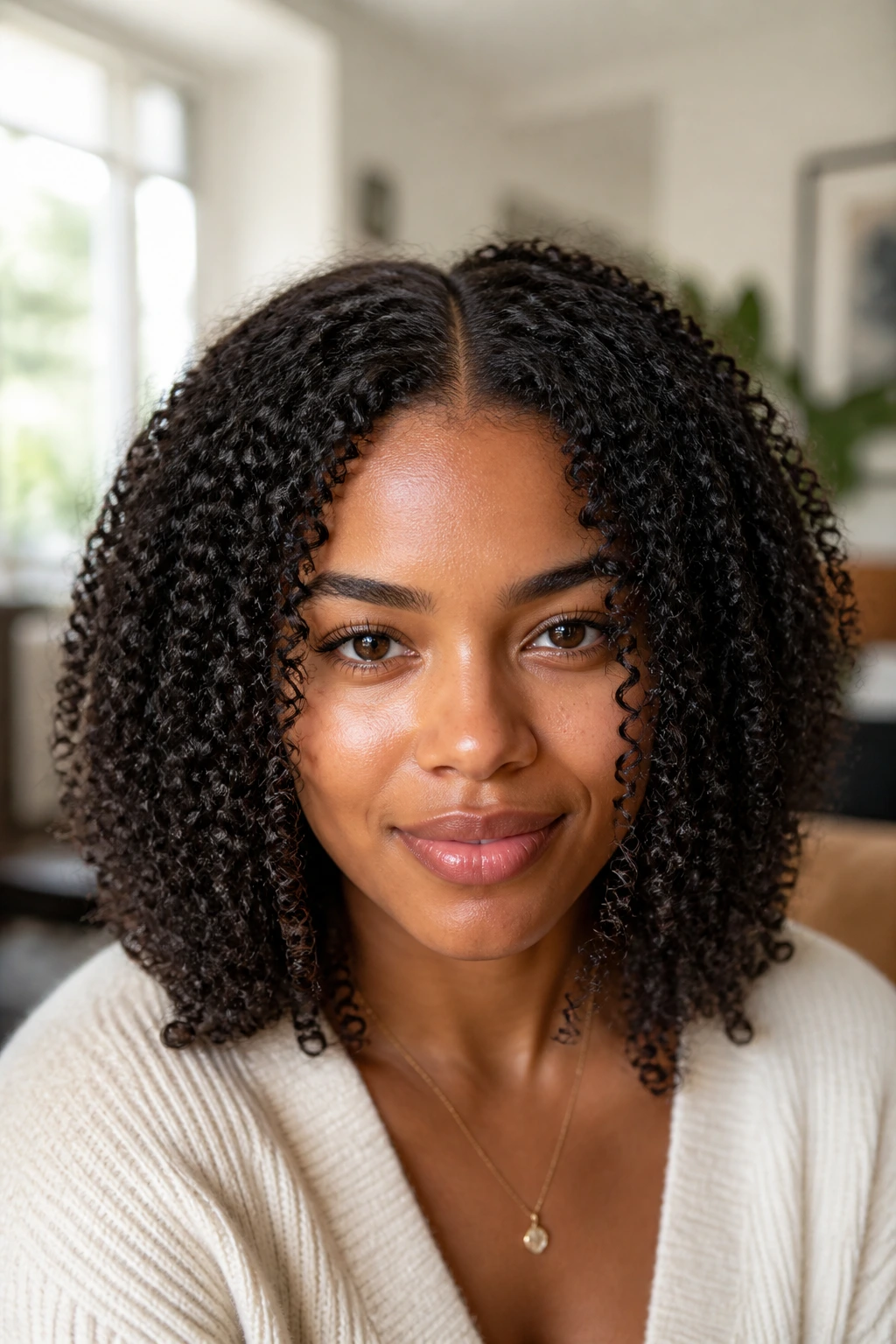Close-up of defined natural curls with a center part