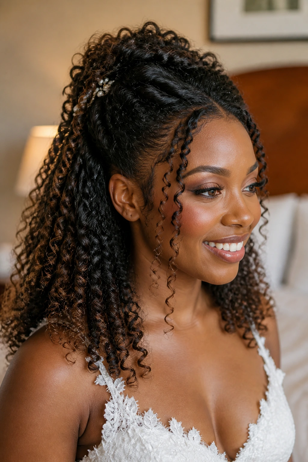 Close-up of a real bride with defined natural curls, top section pinned back to show curl pattern.