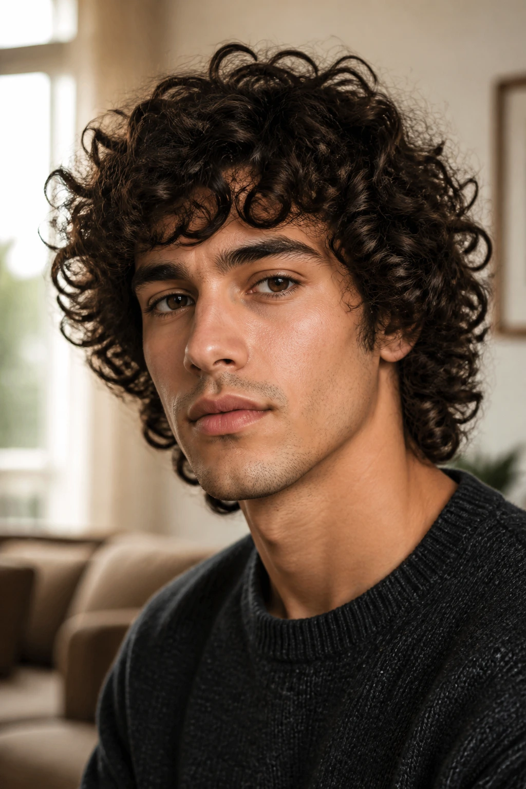 Close-up portrait of a man with defined ringlet curls in a shag cut.