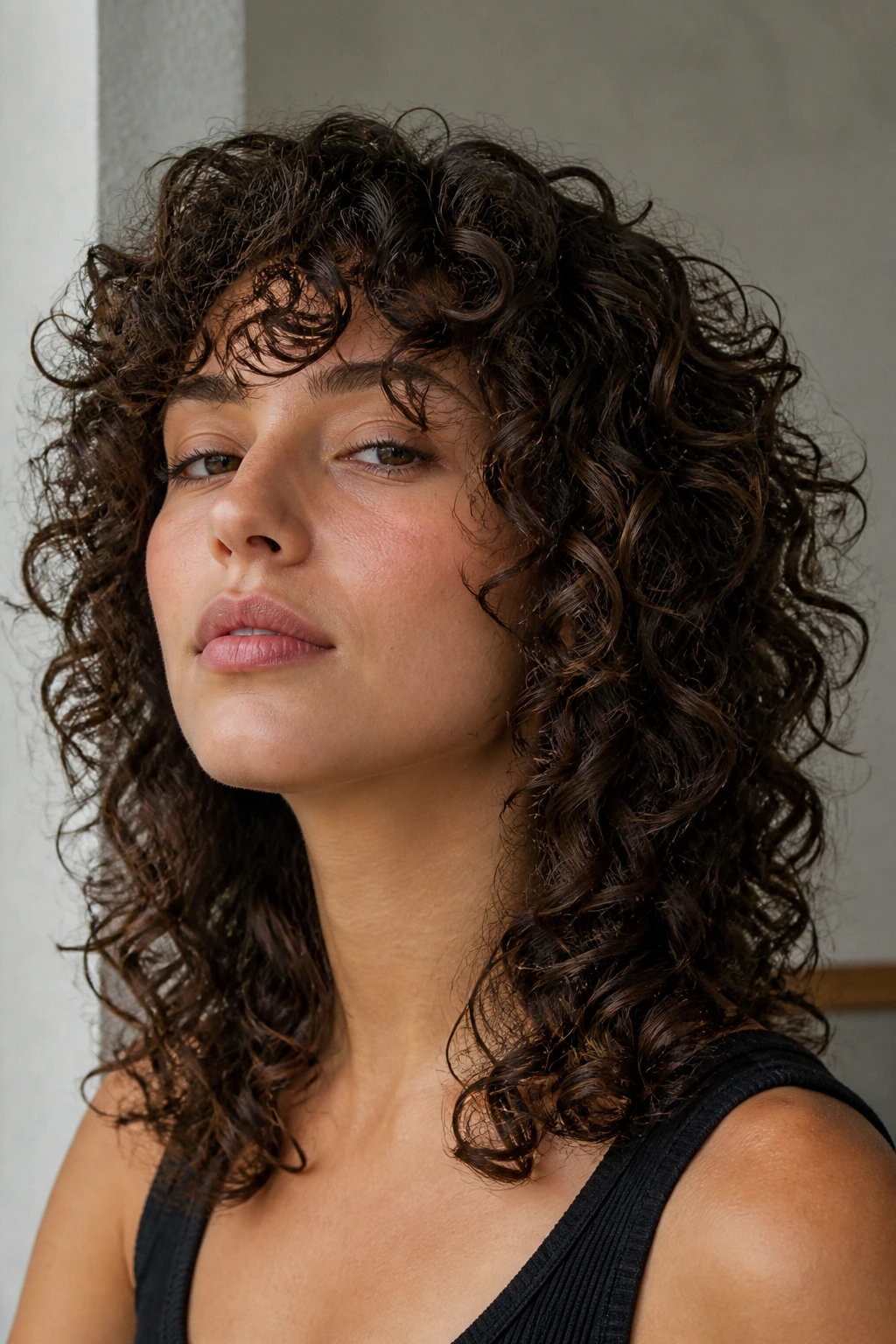Close-up portrait of a real woman with defined ringlet wolf hairstyle