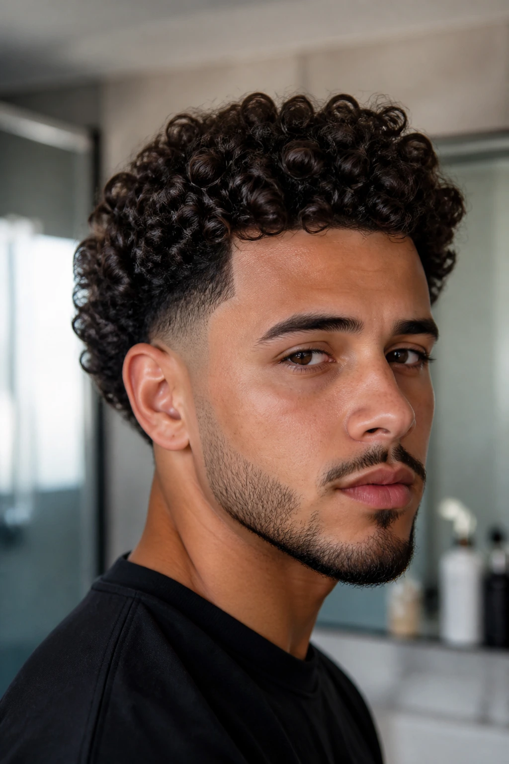 Close-up of a man with defined ringlets and shape-up at temples
