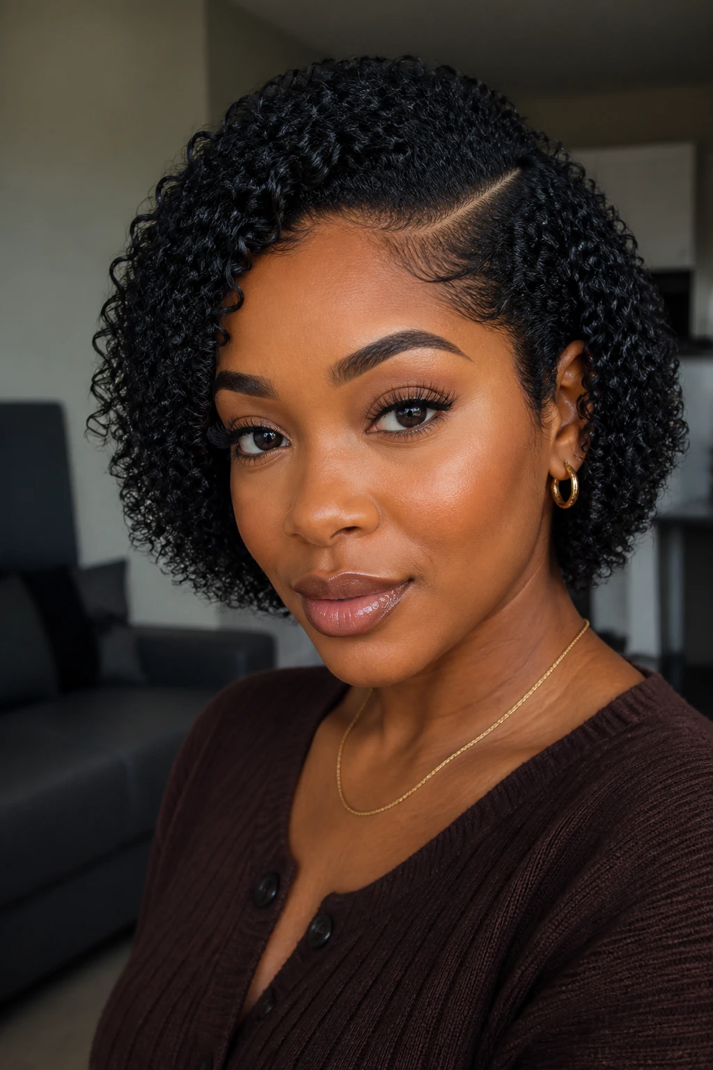 Close-up of a real Black woman with a defined side-part and wash-and-go curls