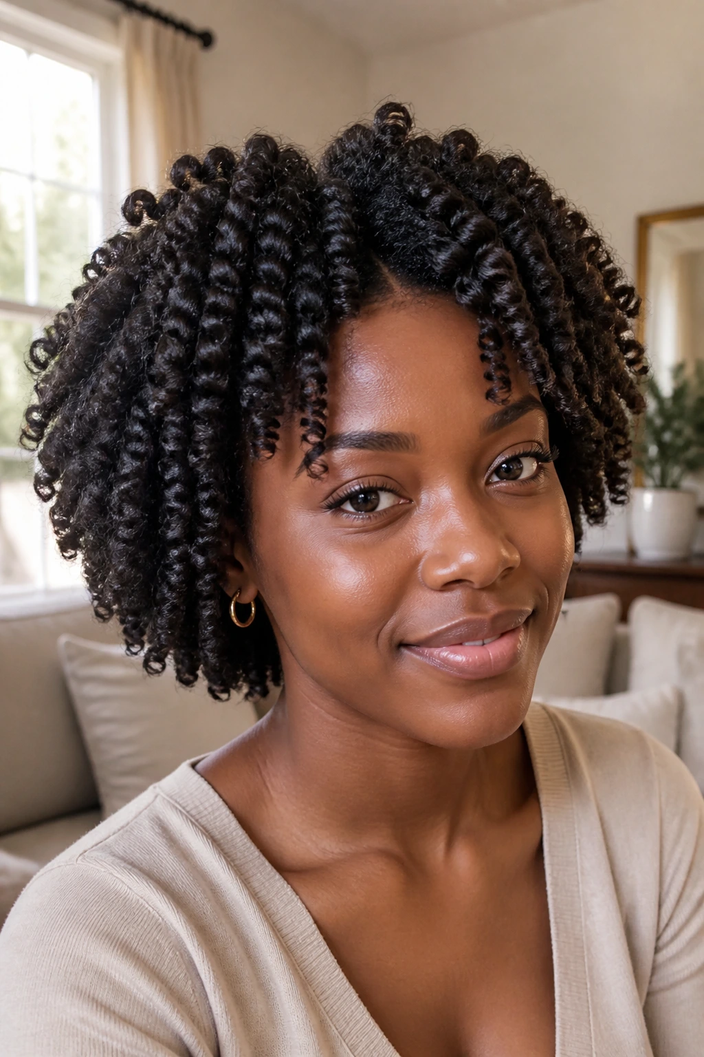 Real woman with defined twist-out and rounded silhouette
