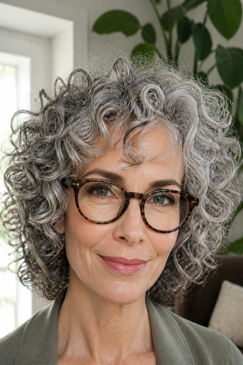 Close-up of a real woman with defined voluminous curls gray hair and glasses.
