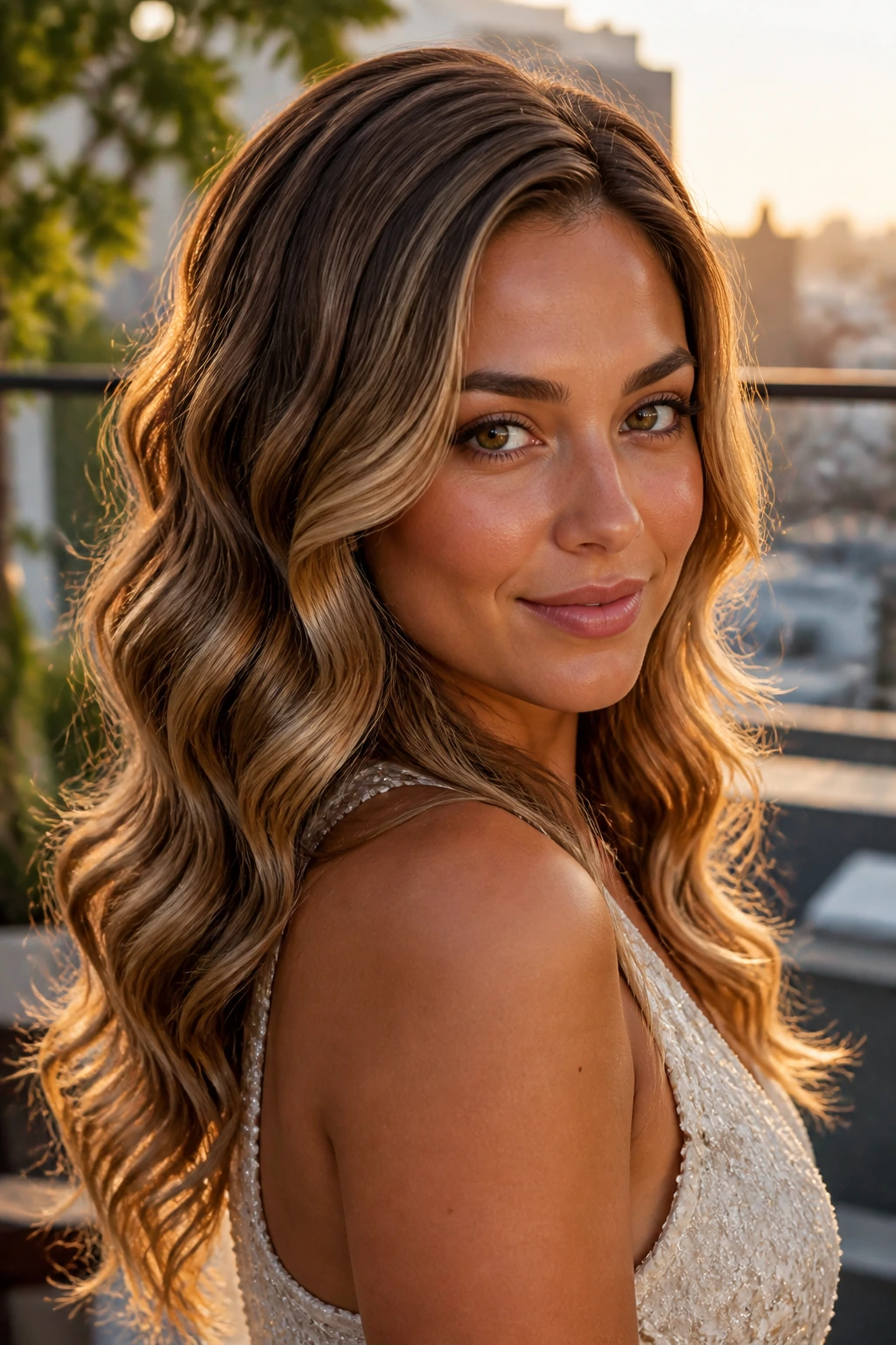Close-up portrait of a real woman with defined wand waves and side framing.