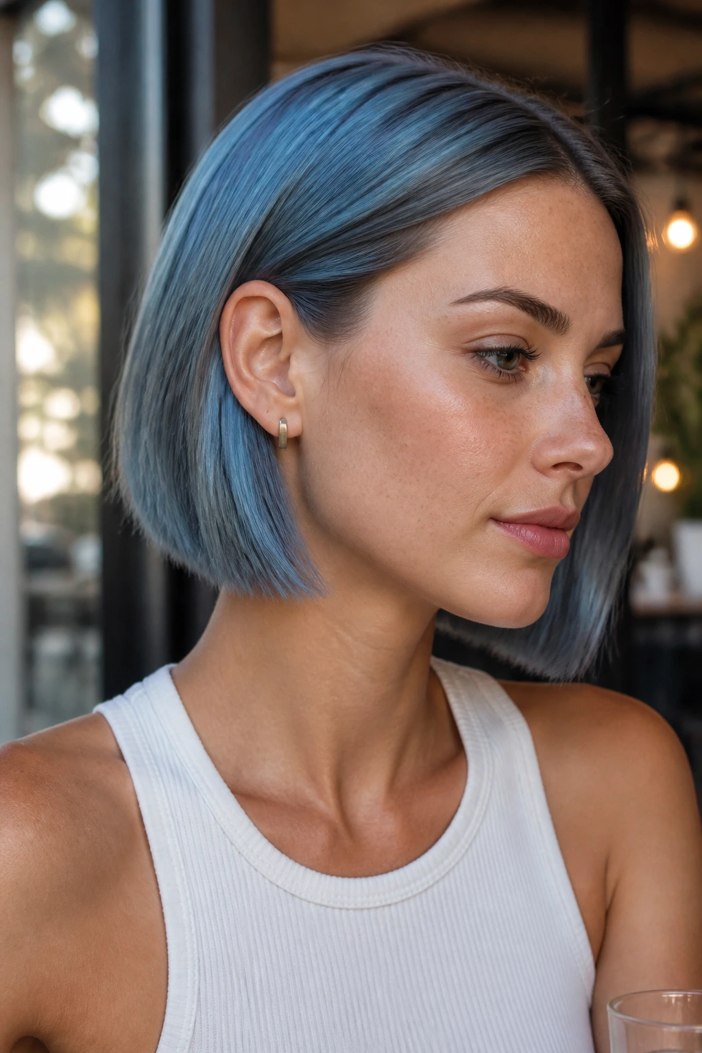 Real woman with a sleek denim blue bob in a cafe setting.
