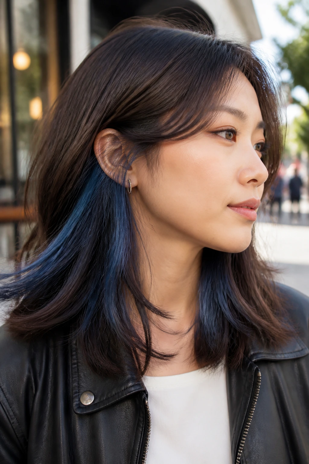 Close-up of denim peekaboo panels in hair on a real woman