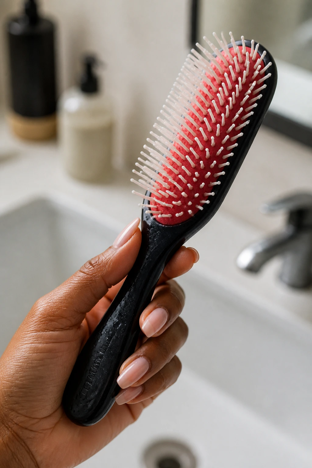 Close-up of a Denman brush held by a person in a bathroom