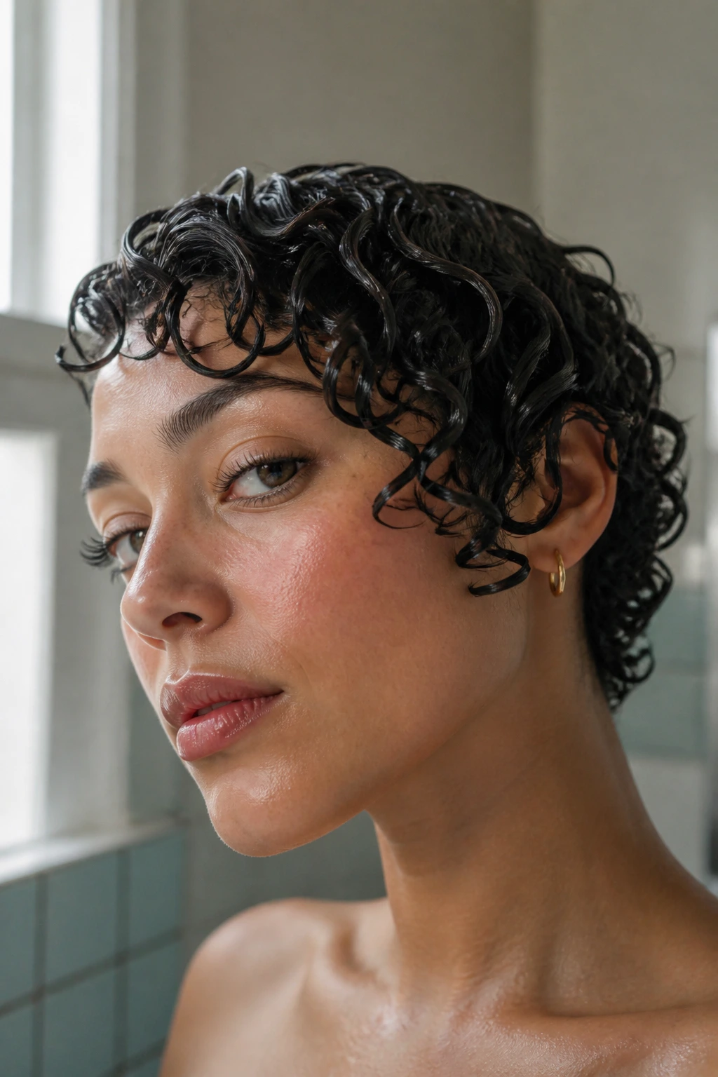 Close-up of Denman-brushed sculpted curls on a real woman with short hair, ribbon-like defined curls