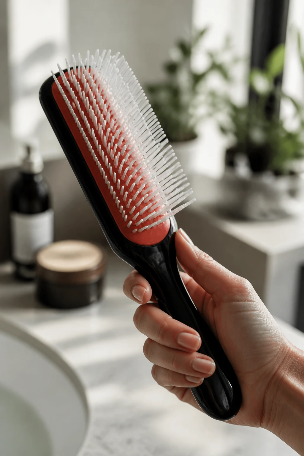 Close-up of a Denman-style detangling brush held in a real hand, ready for curly hair styling.