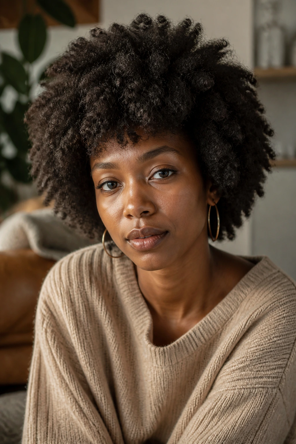Close-up portrait of a Black woman with dense 4C shag in a warm living room