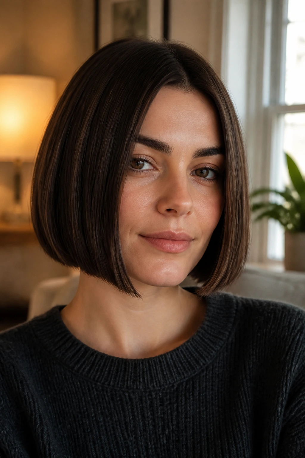 Close-up of a real woman with a dense blunt bob and solid edge in a warm living room