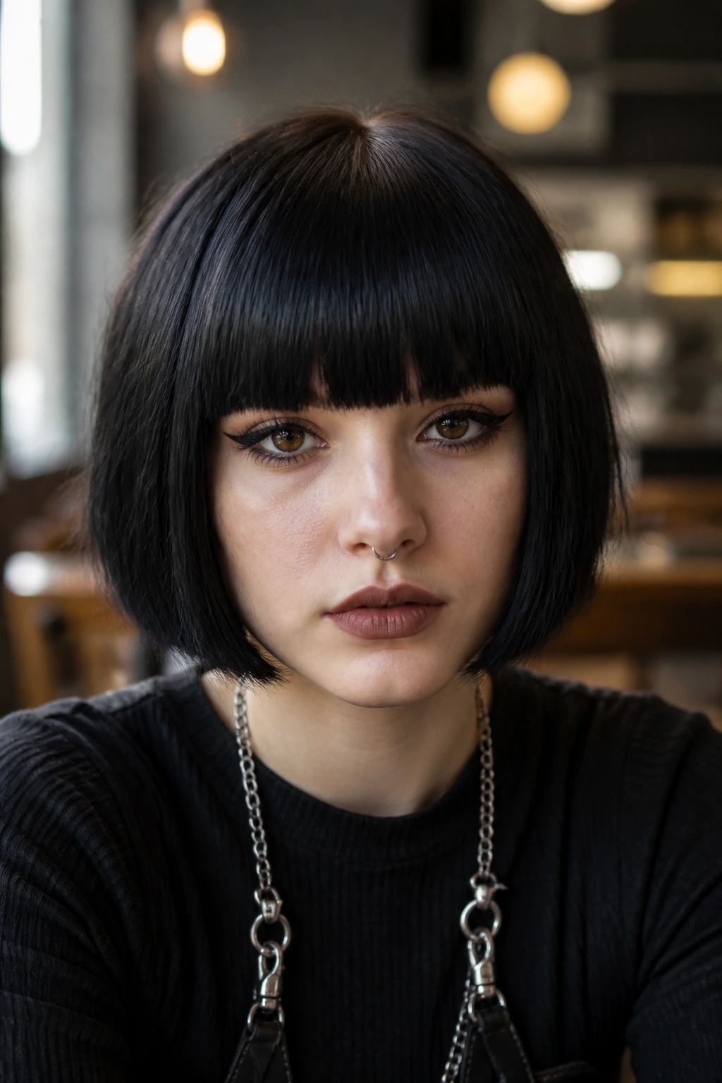 Close-up of a real person with a dense blunt fringe framing the face.
