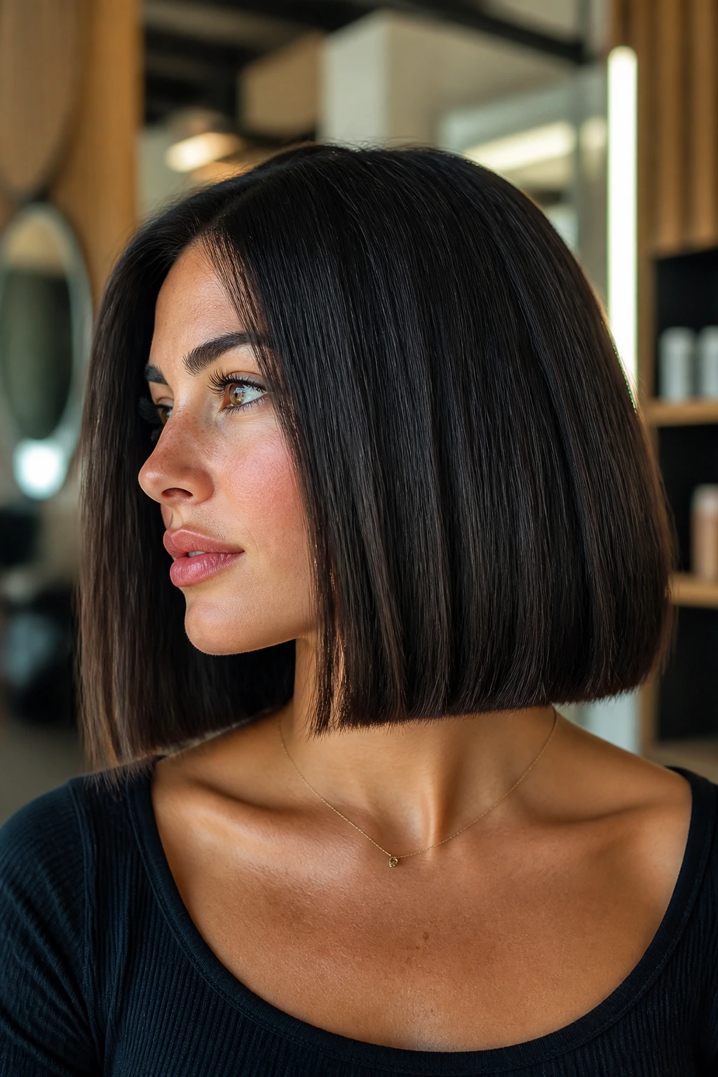 Close-up of dense blunt lob on thick hair on a real woman