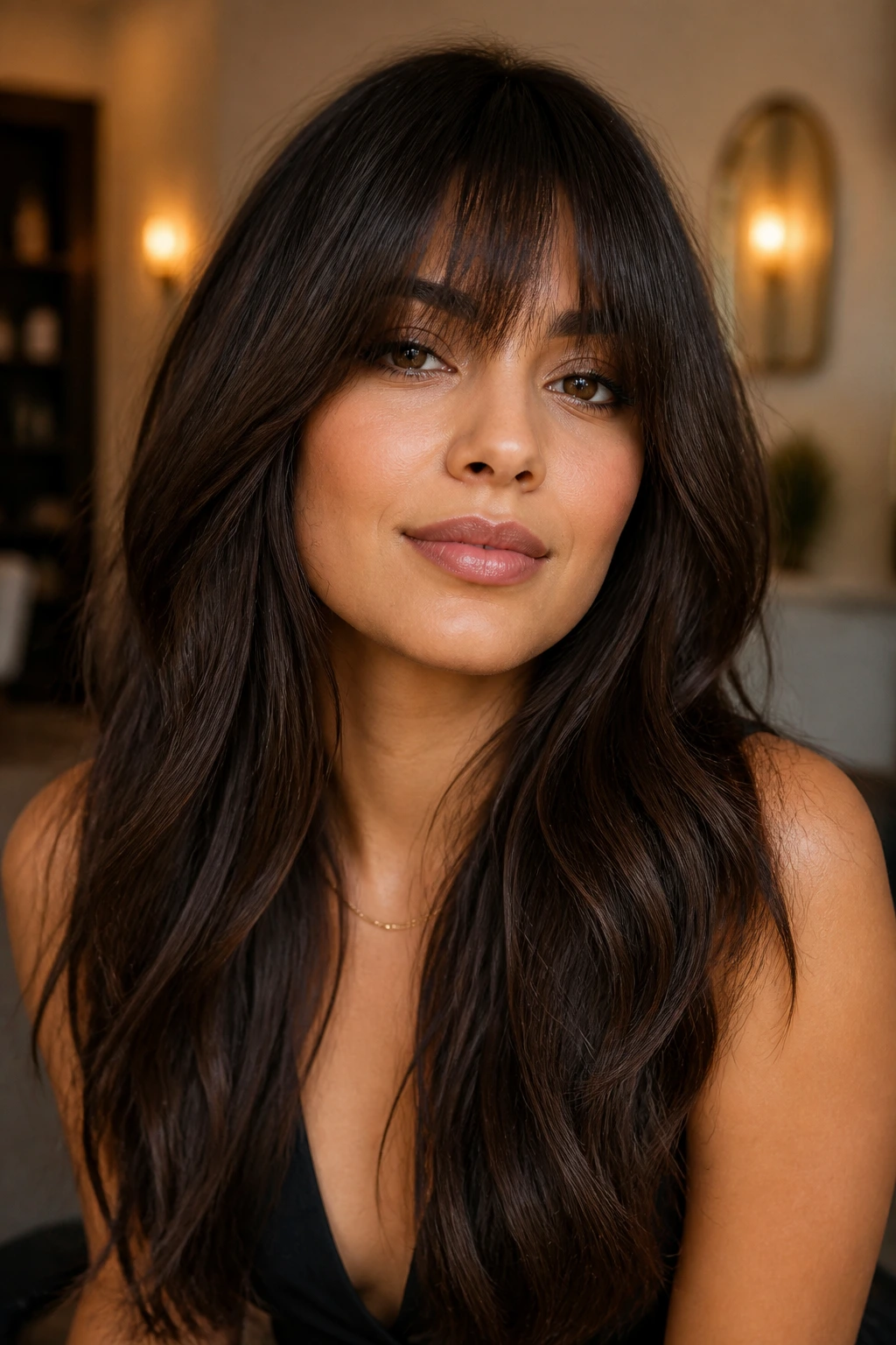 Portrait of a real woman with dense bottleneck bangs in a warm-lit setting