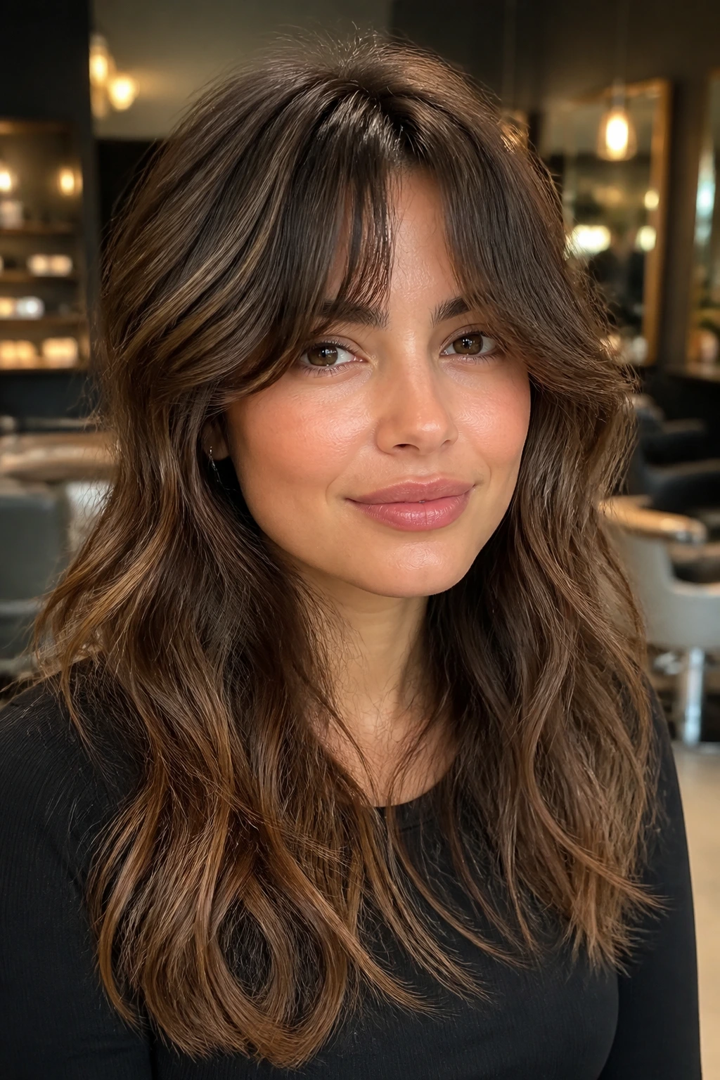 Close-up portrait of a real person with dense center soft sides curtain bangs in a salon