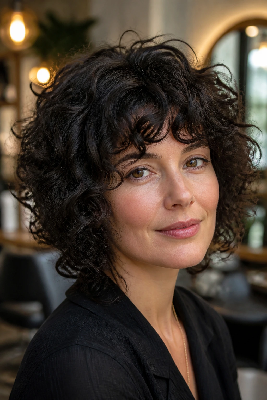 Close-up portrait of a real woman with dense curls and internal layering.