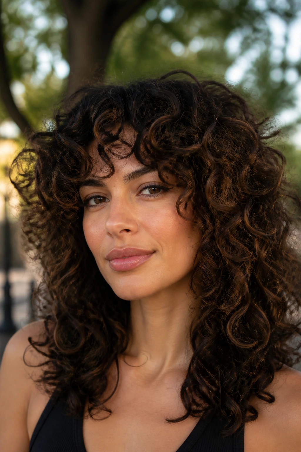 Close-up of a real woman with dense curls and a long weight-removed fringe
