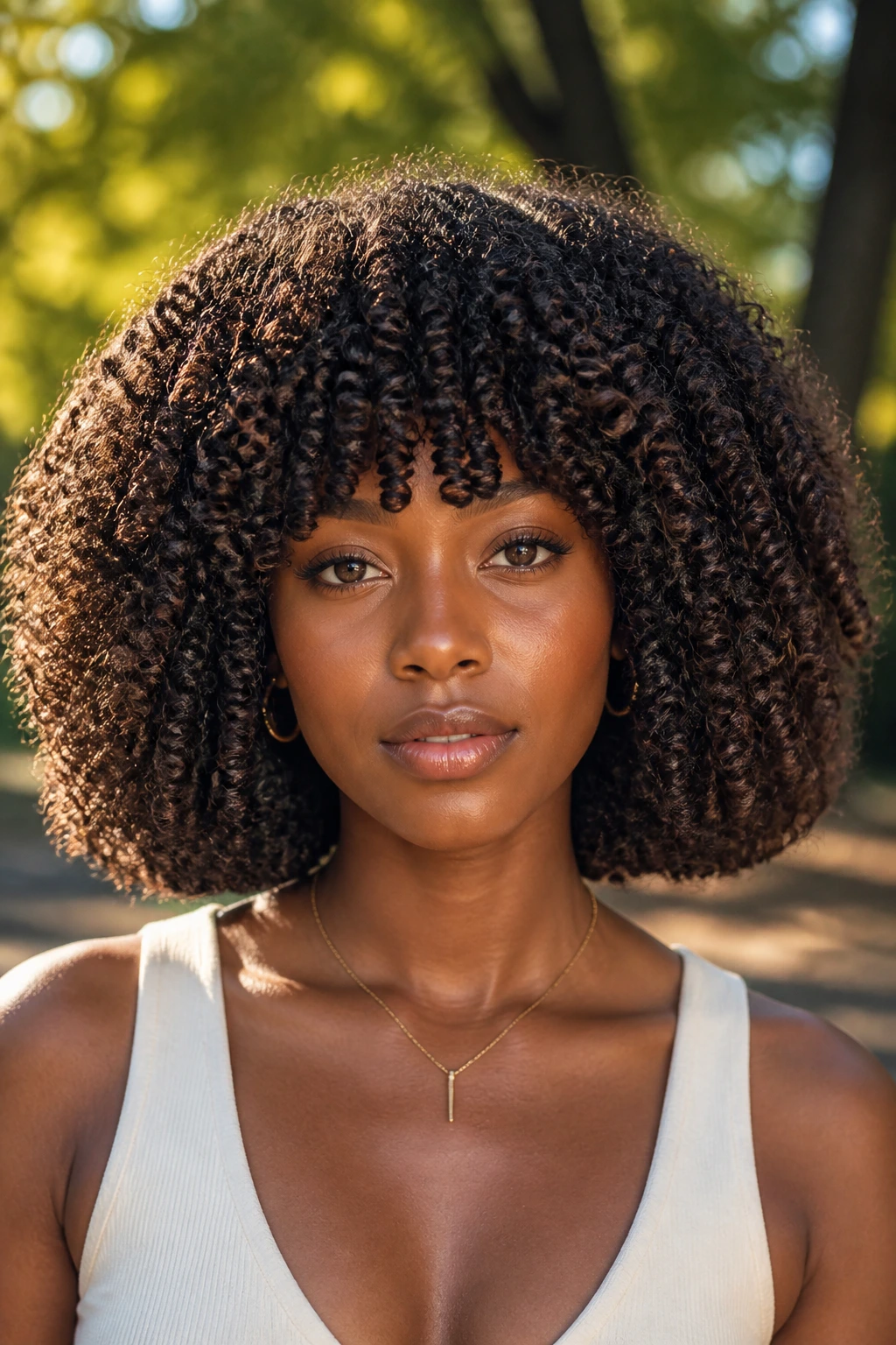 Close-up of a real woman with dense curls and a blunt cut in outdoor light