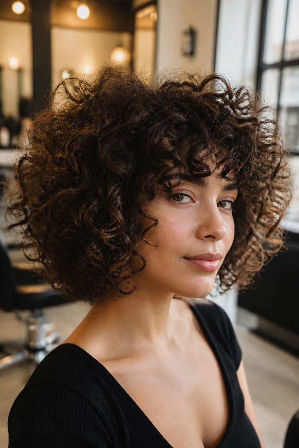 Close-up portrait of a real person with dense curls and defined silhouette in natural light