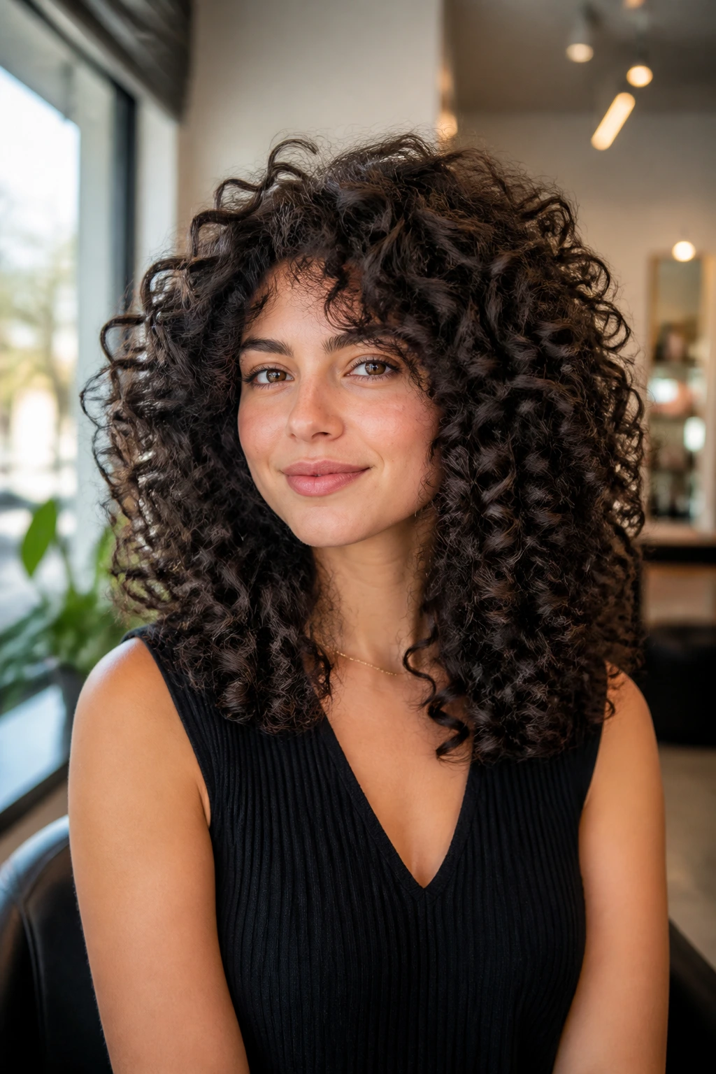 Real woman with dense curls showing triangle-softening layers for balanced shape