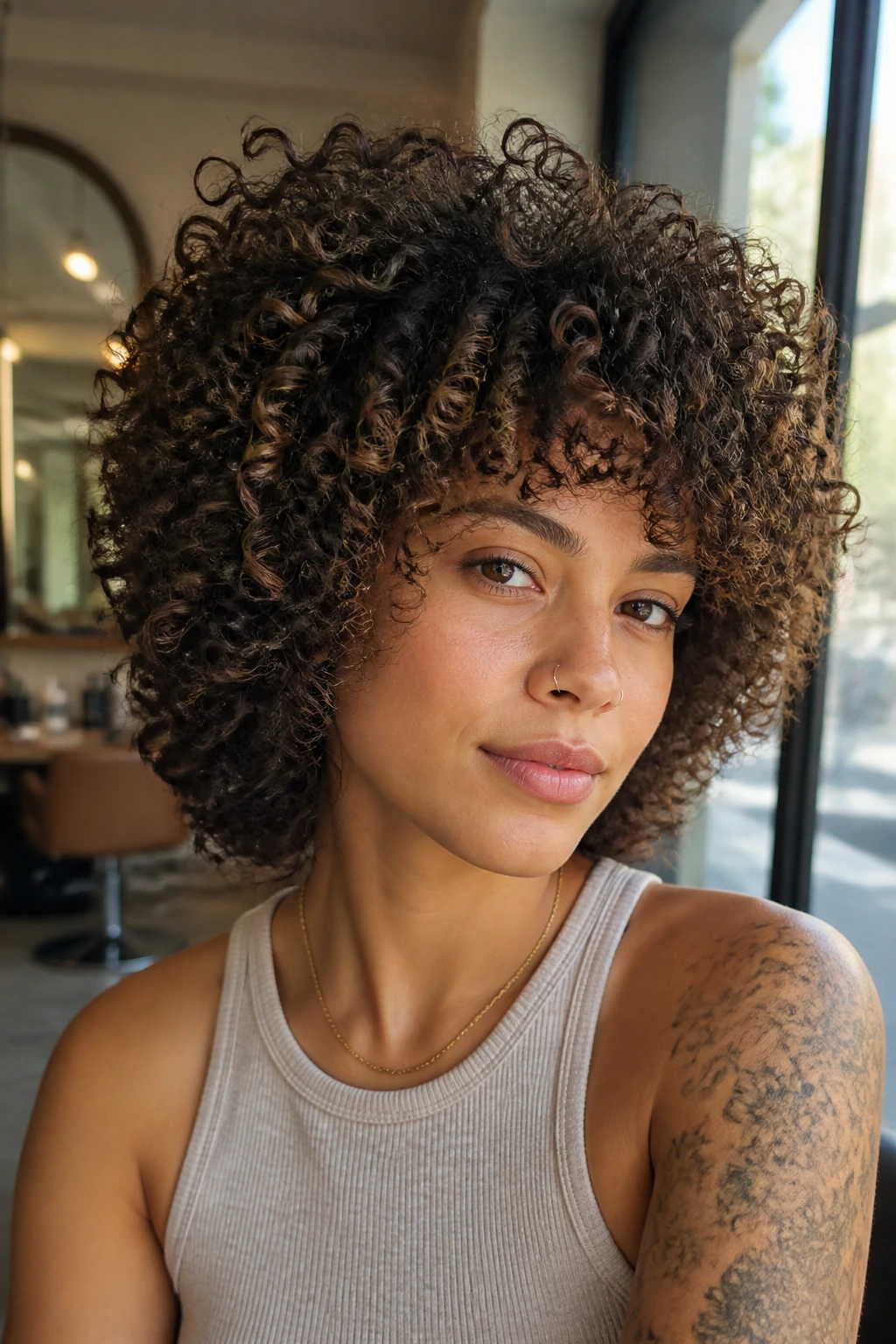 Close-up of a real person with dense curly hair showing heavy crown layers in a salon