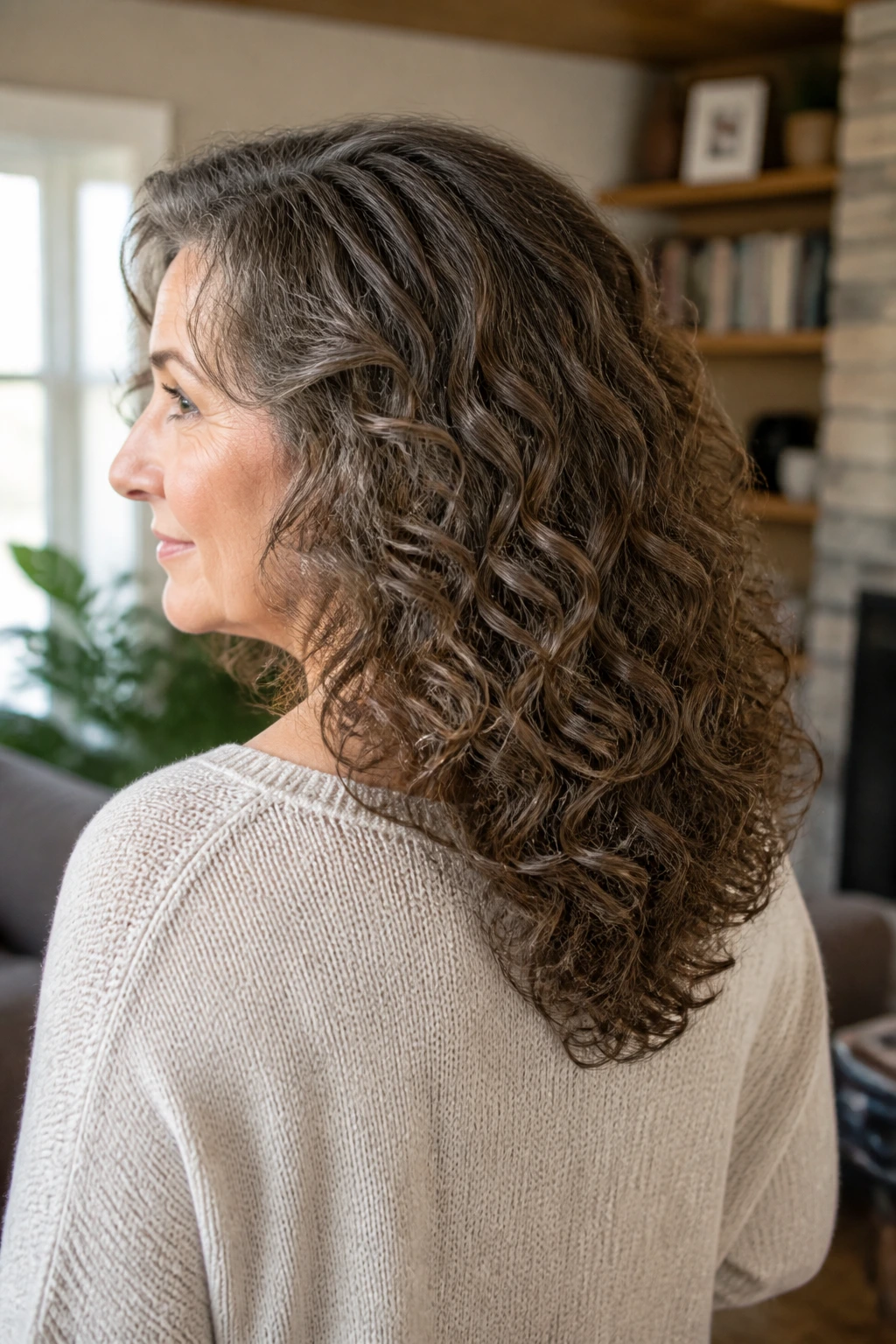 Close-up portrait of dense curly hair shaped in a V at the back on a real woman, illuminated by window light