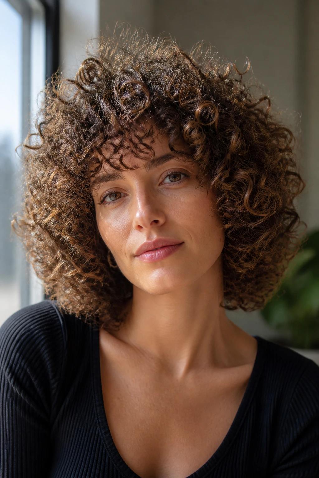 Close-up portrait of a real woman with dense, rounded curly hair forming a full halo around her head