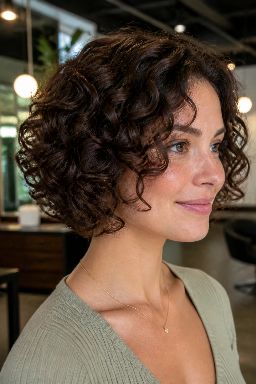 Close-up of a dense curly bob with hidden weight removal in a salon setting