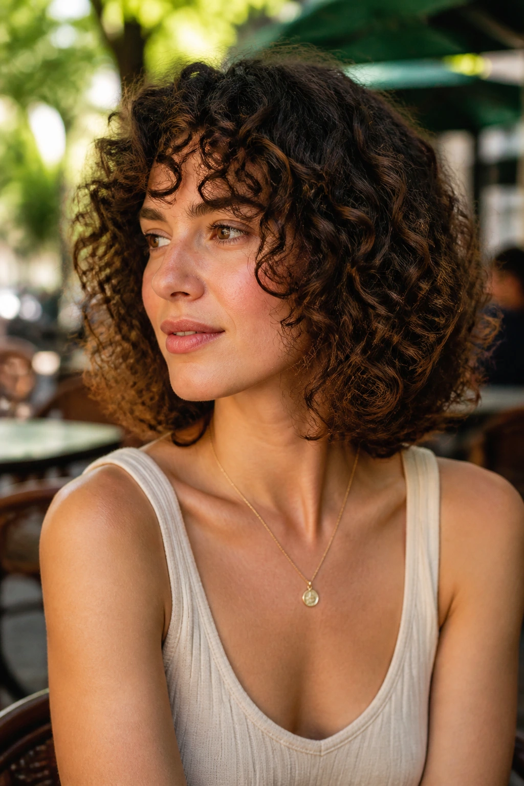 Close-up portrait of a real woman with Layered Bob for Thick Dense Curly Hair in a park setting.