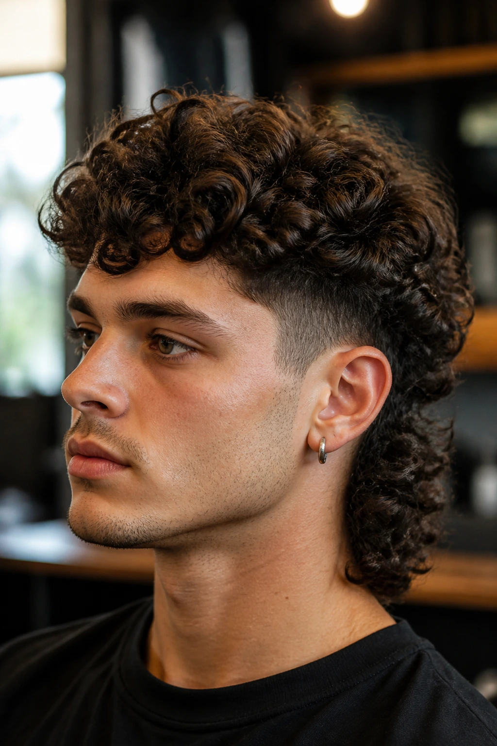Close-up portrait of a real person with a dense curly mullet showing sculpted shape