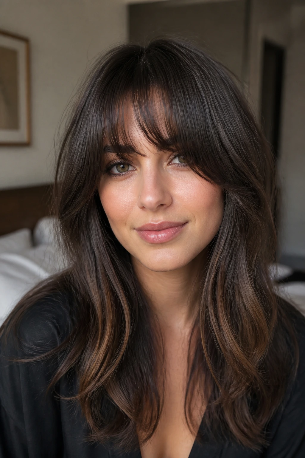 Close-up of real person with dense full-coverage curtain fringe in a softly lit bedroom