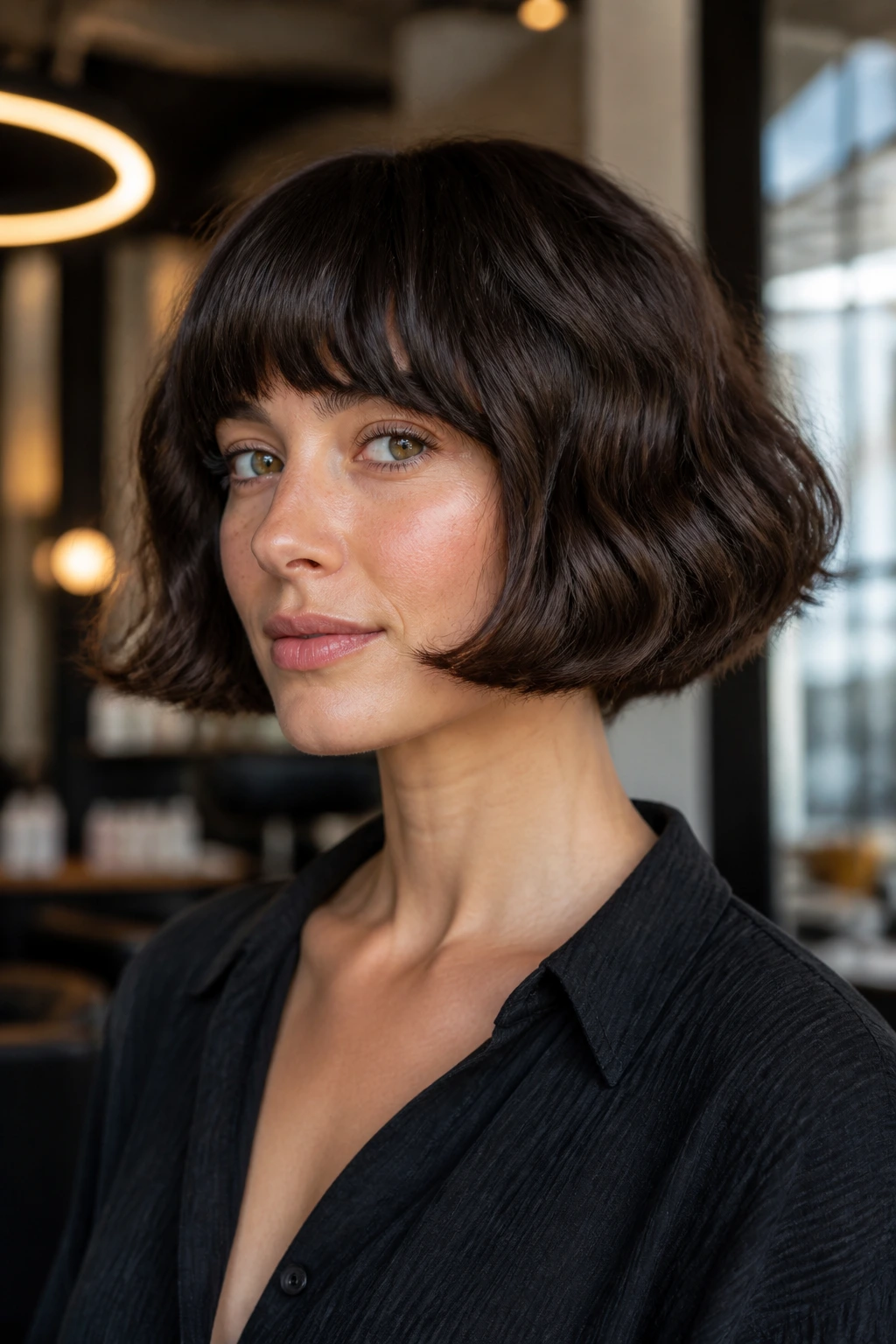Close-up of a real woman with a dense wavy French bob and heavy perimeter line in a salon