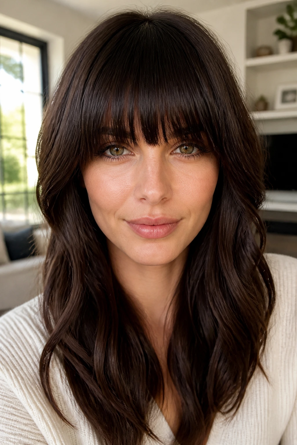 Close-up of a real woman wearing a full dense fringe at brow level