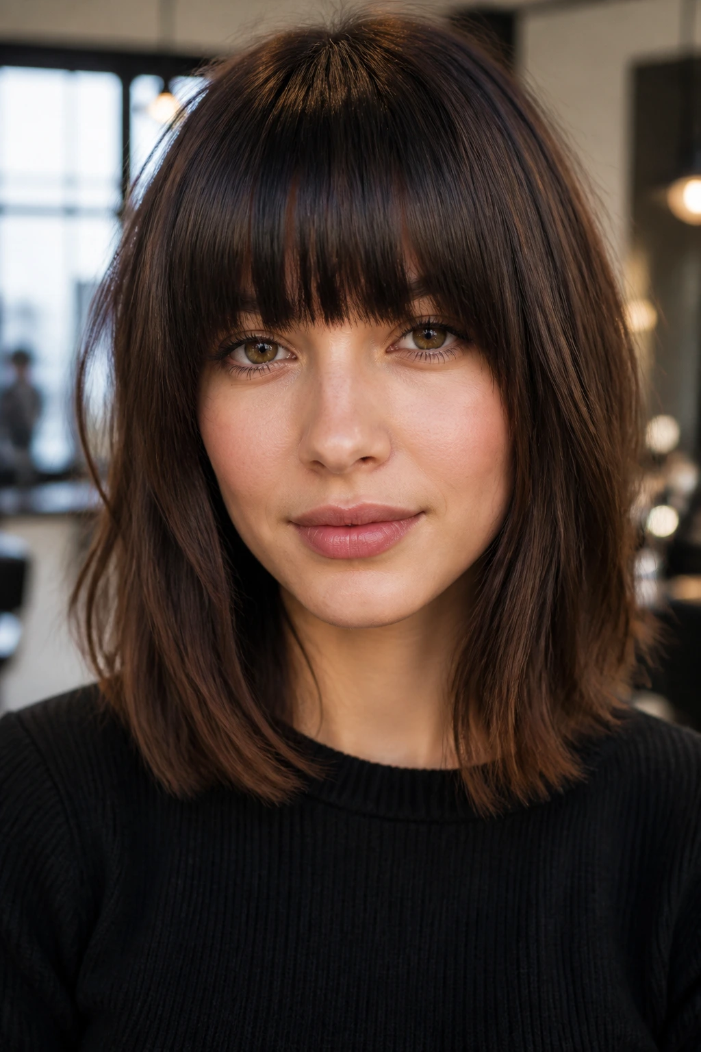 Close-up portrait of a woman with a dense blunt fringe on a shoulder-length lob, warm window light.