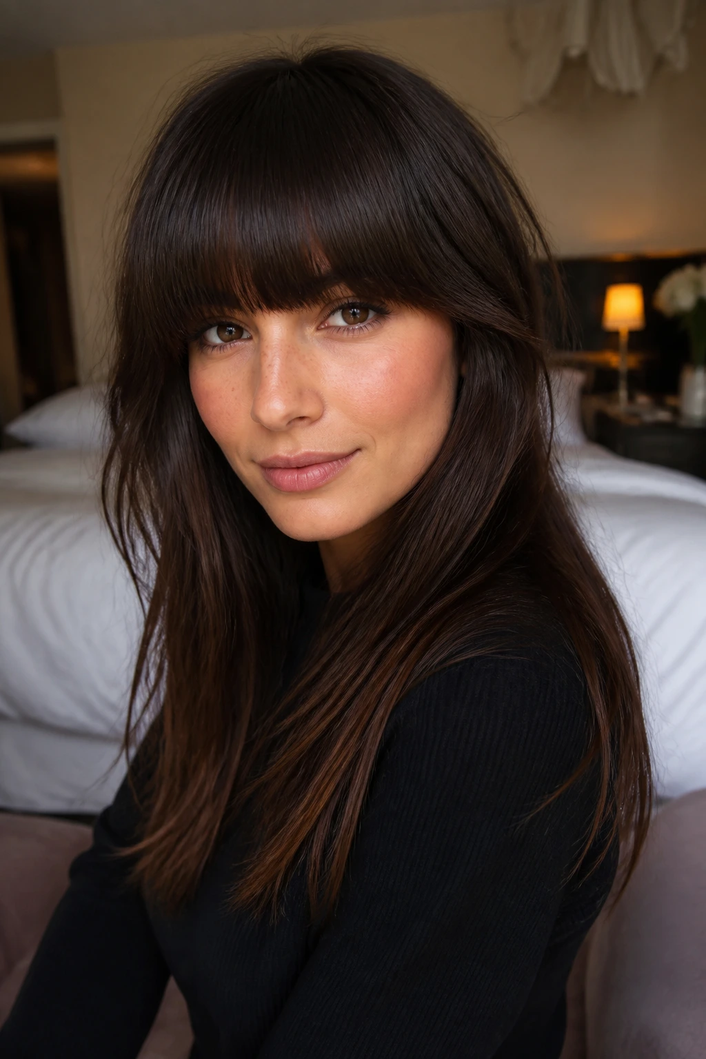 Close-up of a real woman with a dense full fringe on thick hair