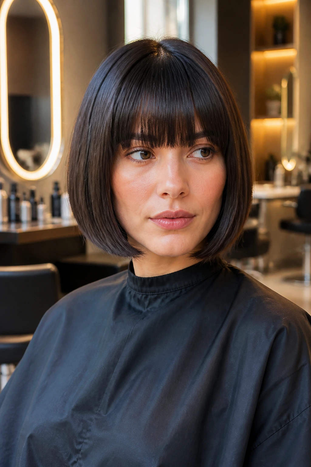 Portrait of a woman with a blunt bob and full bangs in a salon chair, illustrating how to ask for dense-hair shape.
