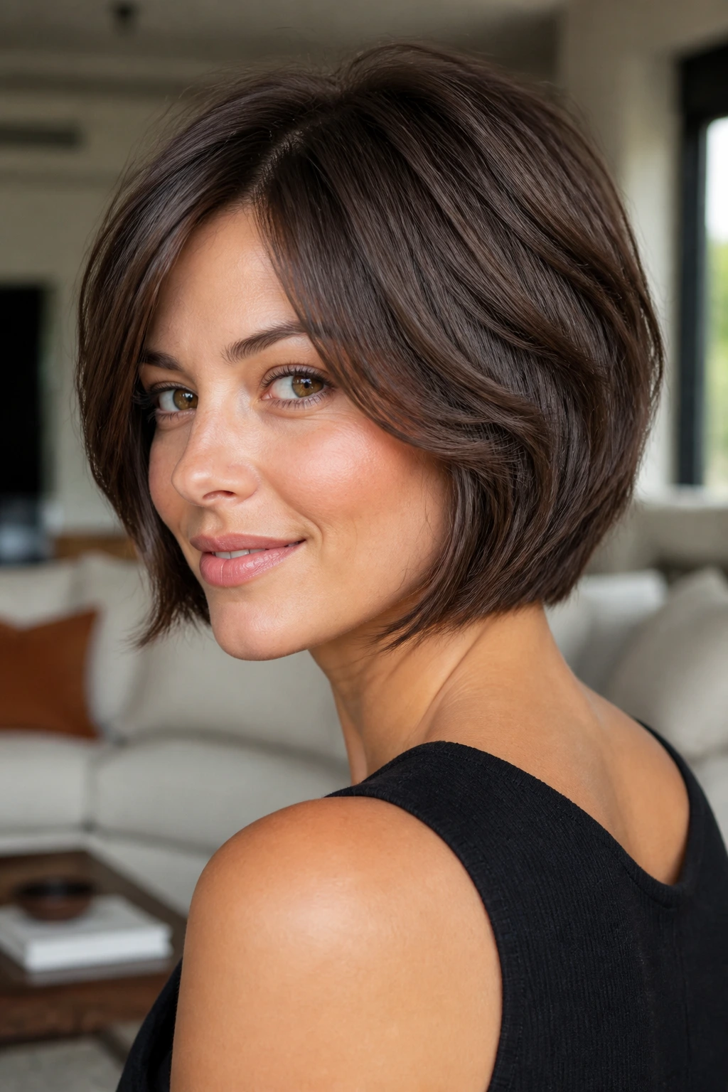 Real woman with a dense, feathered bob in a bright living room