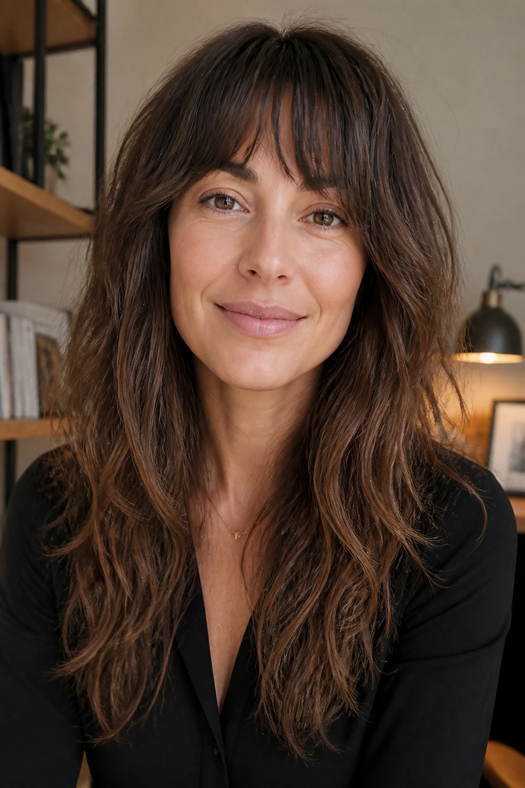 Close-up of real woman with debulked ends and piecey bangs in a warm home setting